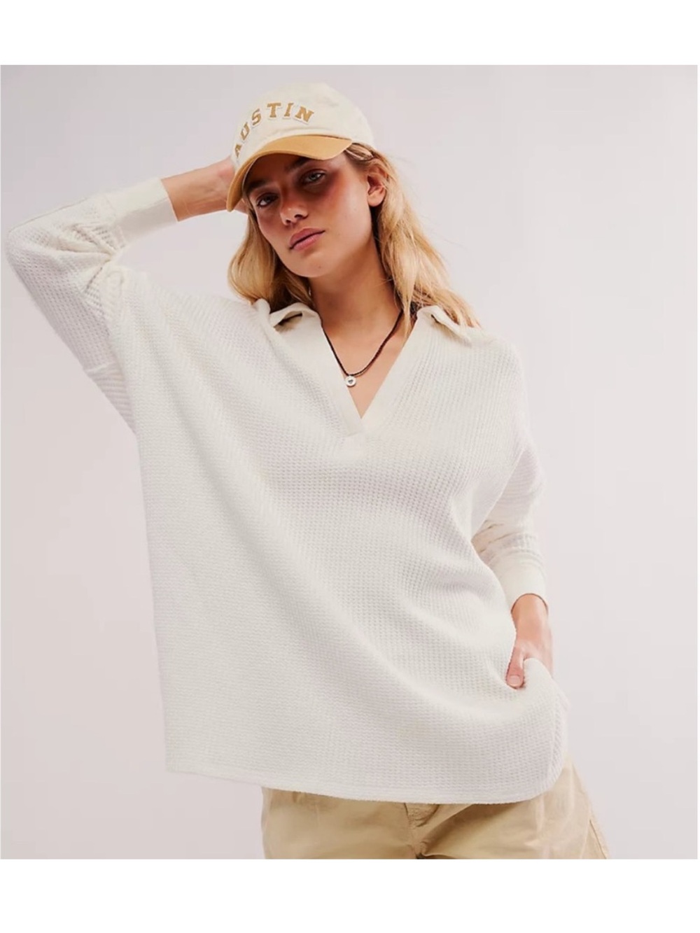 Free People We The Free White Travis Waffle Knit Collared Long Sleeve Polo XS